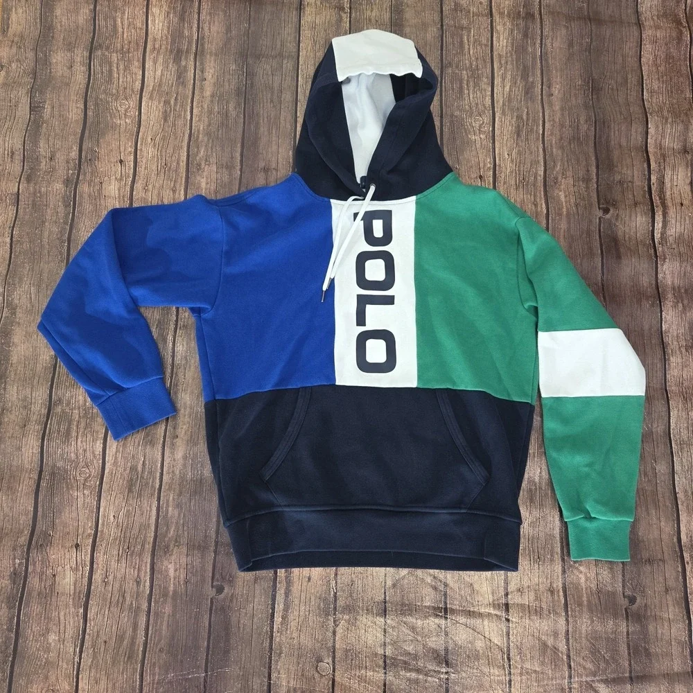 Polo Ralph Lauren Logo Double Knit Hoodie Mens S Blue Green 90s Logomania Prep